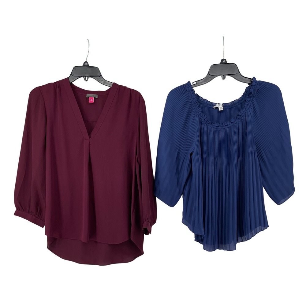 2-Drapey Flowy Womens Medium Top‎ Blouse Burgundy Blue Office Careercore Capsule